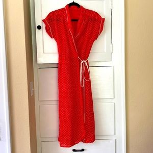 Red Polka Dot Wrap Dress with Contrast Trim